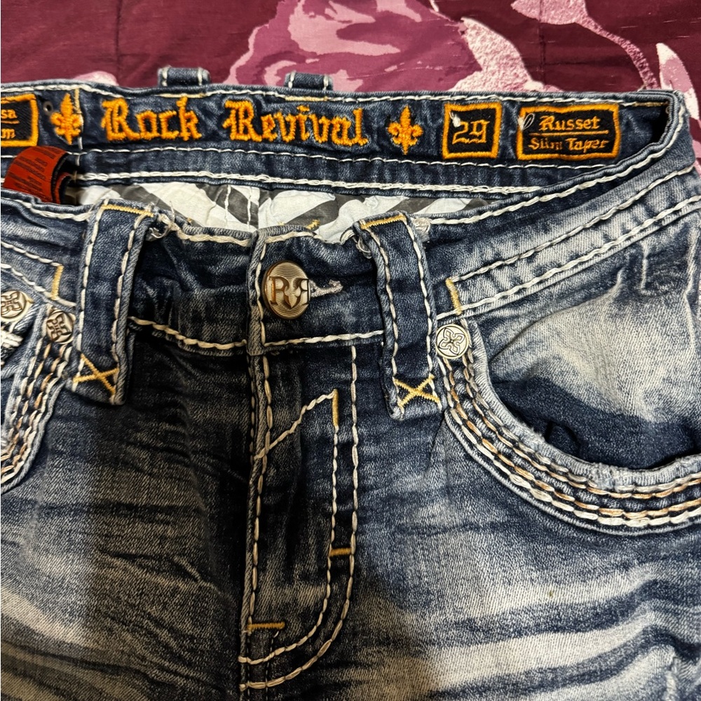 Men rock revival jeans, worn twice
